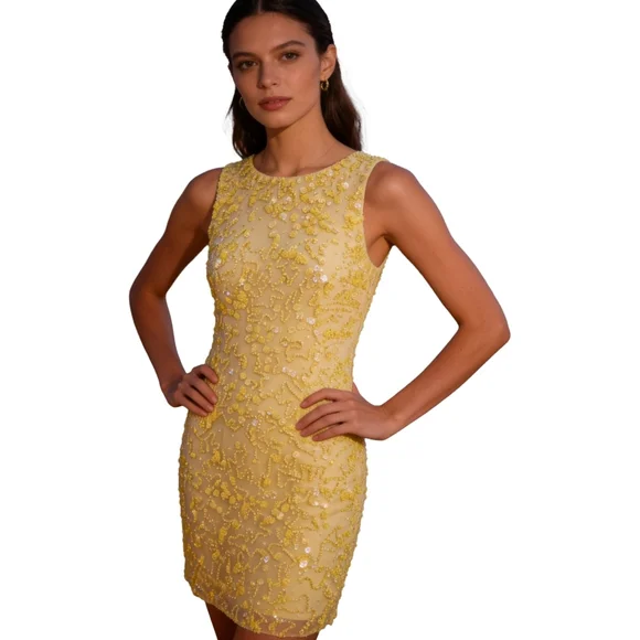 French Connection Beaded Yellow Cocktail Dress Size 2 - Picture 2 of 13